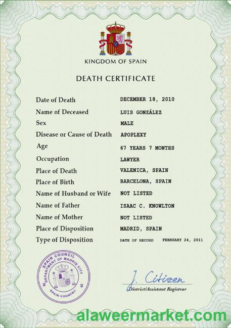 Spain death certificate PSD template
